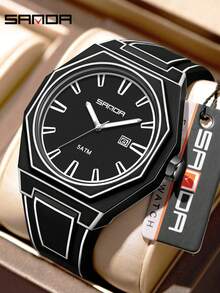 SANDA. SANDA SD9090 漫画风格石英八角形表壳 5ATM 防水+夜光日历个性化男女手表 - 黑色 - 查看 8