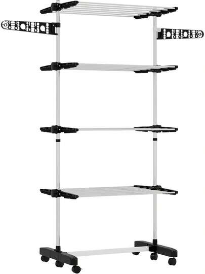 Faltbarer Kleiderständer aus Edelstahl und Kunststoff, platzsparender vertikaler Turm-Kleiderständer mit 6 Rädern, Haken und 4 verstellbaren Regalen für den Innenbereich, 142x55x172 cm, Schwarz Silber