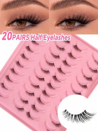 HINARIN 20 par halva lösögonfransar med genomskinligt band, spetsiga kattögonfransar, naturliga korta, små 3/4-kantögonfransar, fuskminkögonfransremsor