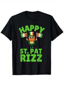 Camiseta divertida del Día de San Patricio con trébol irlandés feliz St. Pat Rizz.% Algodón. Impreso en un lado. Camiseta negra de manga corta. Regalo de festivales de cumpleaños para hombres, mujeres, familiares y amigos. Tallas S-. 1 pieza. Peso de la tela 180g - Negro - Ver 1