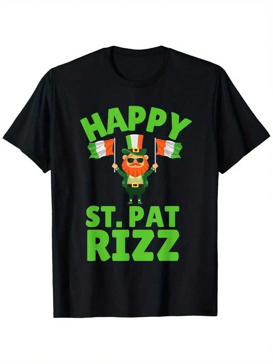 Camiseta divertida del Día de San Patricio con trébol irlandés feliz St. Pat Rizz.% Algodón. Impreso en un lado. Camiseta negra de manga corta. Regalo de festivales de cumpleaños para hombres, mujeres, familiares y amigos. Tallas S-. 1 pieza. Peso de la tela 180g - Negro - Ver 1