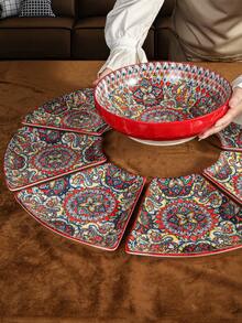 1 Set Ceramic Sectional Plate Set, 4 Color Options, 8pcs/9pcs Set, Suitable For Dining Room/Home Plates, Fruit Plates, Kitchen Plates, Ideal Housewarming Gift - Multicolor - View 7