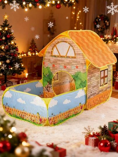 1pc Children's Garden Villa Tent, Children's Tent, Farm Design, Yellow, Creative Pattern Stimulates Children's Imagination, Ball Pit (Balls Not Included), Ideal Toy Playhouse For Kids, Foldable Portable Ball Pit, Comes With Baby Toys, Suitable For 3-12 Years Old, Family Camping Tent, Suitable For Boys And Girls