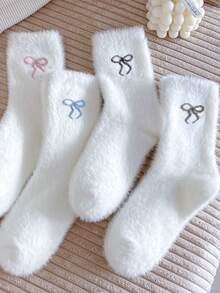 1 par de calcetines de lazo de peluche, calcetines gruesos y cálidos de color blanco hasta la rodilla para mujeres, calcetines térmicos casuales de unicolor con lazo, adecuados para el hogar, dormir, usar en el piso, que retienen el calor hasta el tobillo, suaves, cómodos, ligeros y cálidos, adecuados para el uso diario y en el hogar
