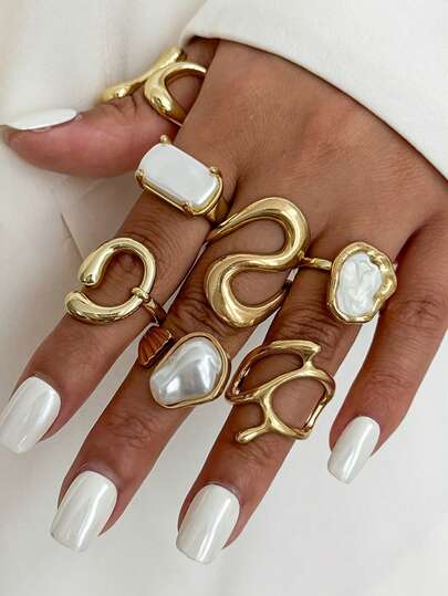 7Pcs Retro Baroque Faux Pearl Geometry Rings Set,Women Jewelry For Daily Wear,Rave Accessories