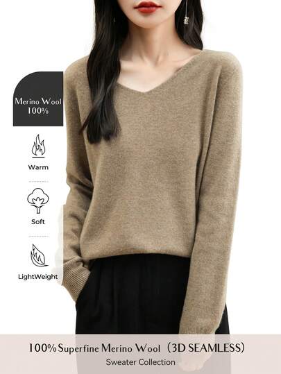 Women's 100% Merino Wool Sweater Autumn Winter Long Sleeve Women's V-Neck Sweater Warm Soft Knitted Pullover Top
