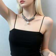 1 pieza Collar asimétrico de cadena y cordón negro, versátil collar gargantilla elegante y atrevido