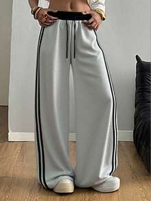 Autumn/Winter New Contrast Color Drawstring Relaxed Casual Pants, American High Waist Straight Leg Side Stripe Pocket Wide Leg Sweatpants Patchwork Slouchy Dance Sports Sweatpants - 灰色 - 查看 3