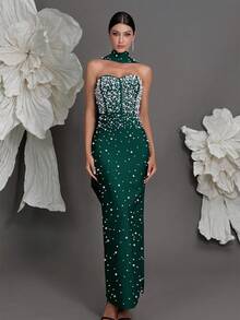 Knitted Bandage Bodycon Dress, Embellished With Rhinestones, Luxury European Style, Slim Fit, Mermaid Hem, Suitable For Family Gatherings, Parties, Cocktail Events