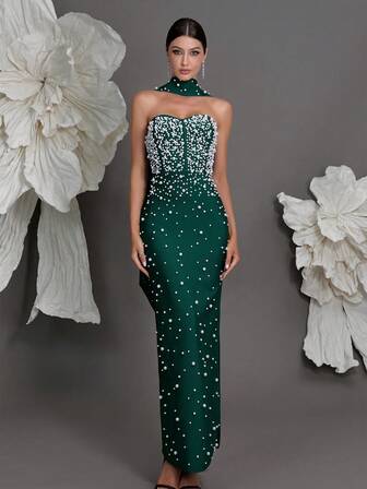 Vestido ajustado de punto con vendaje, adornado con rhinestones, estilo europeo de lujo, ajuste ceñido, bajo de sirena, adecuado para reuniones familiares, fiestas, eventos de cóctel