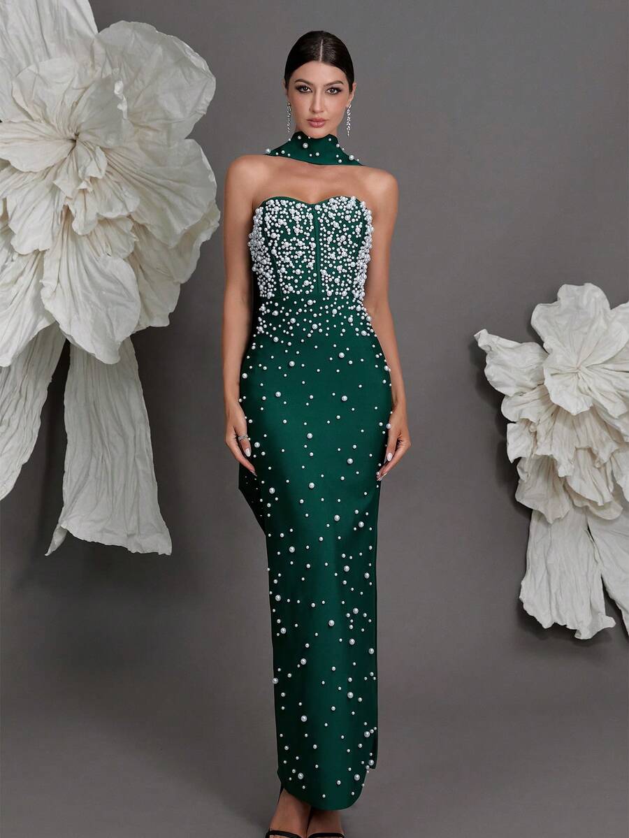 Knitted Bandage Bodycon Dress, Embellished With Rhinestones, Luxury European Style, Slim Fit, Mermaid Hem, Suitable For Family Gatherings, Parties, Cocktail Events