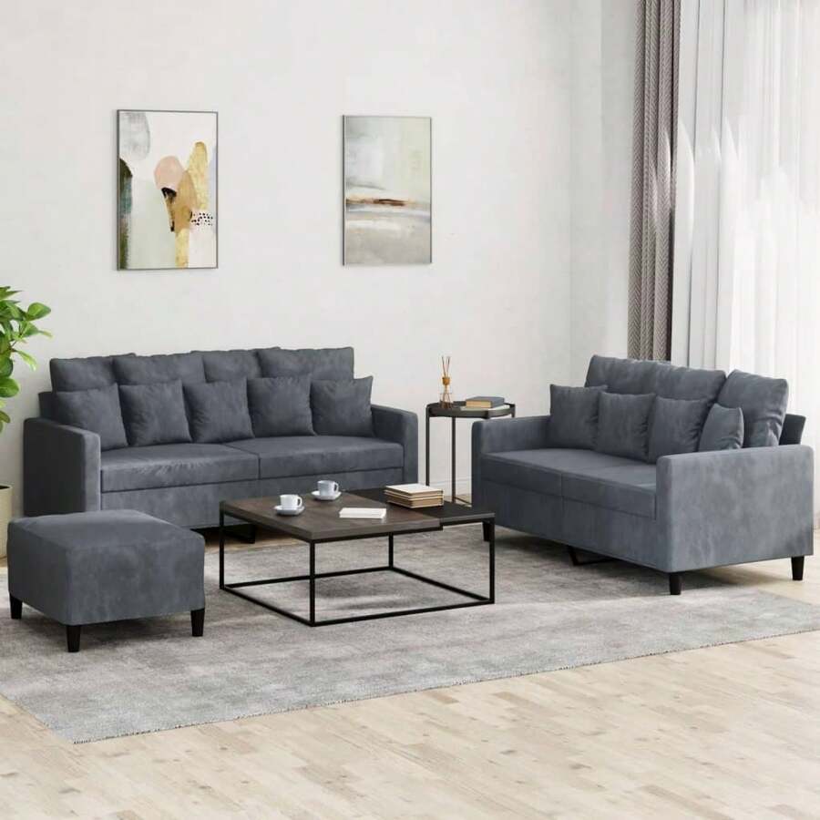 vidaXL Set divano a 3 pezzi in velluto grigio scuro con cuscini - Grigio - Visualizzare 1