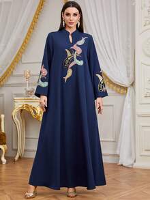 Siskakia 节 Abaya 开襟 V 领亮片刺绣网纱土耳其伊斯兰阿拉伯长裙 Kebaya 非洲女装春季款 - 藍色 - 查看 1