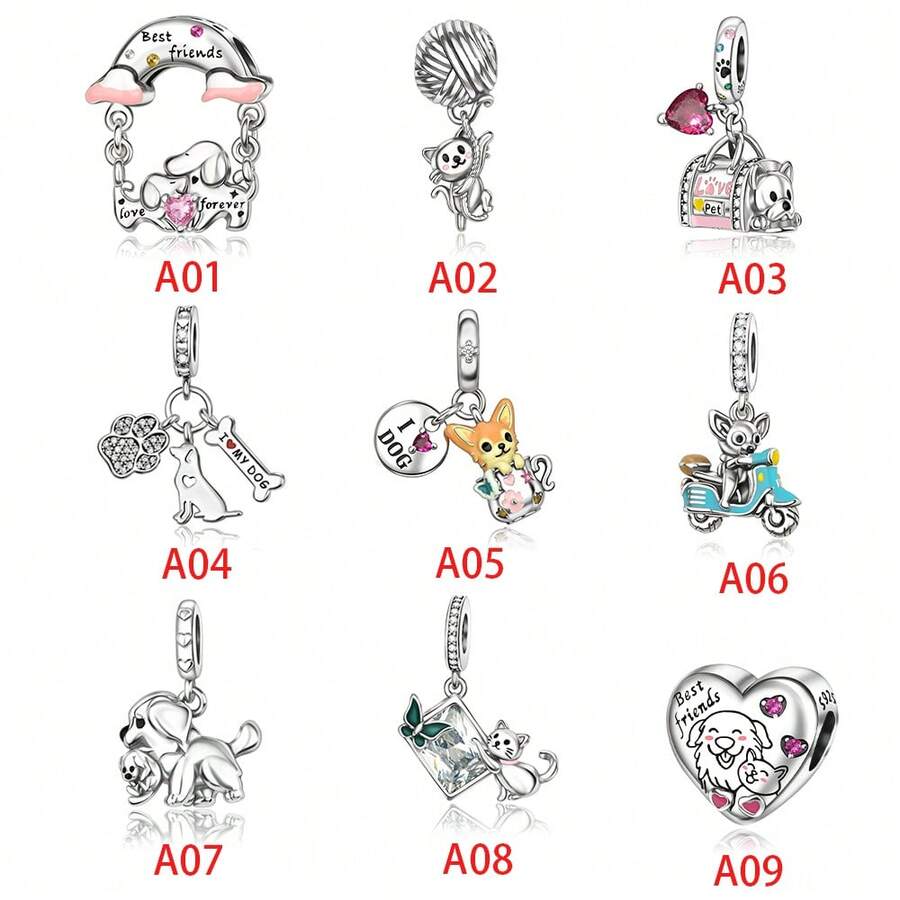 1pc Silver-Plated Adorable Pet Dog & Cat Charm Bead Pendant Suitable For European Brand Original Snake Chain Bracelets & Necklaces DIY Jewellery Making Women's Everyday Wear Christmas Gift
