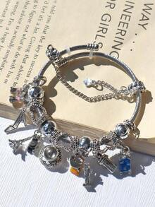 Travel Series Charm Bracelet, Vintage Travel Pendant Bracelet, Adjustable Classic Fashion Bracelet With Coffee Suitcase Charm, Gift For Friends - 銀色 - 查看 6