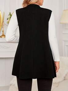 Plus Size Elegant Black Knitted Midi Vest With Stand Collar And Decorative Buttons For Women