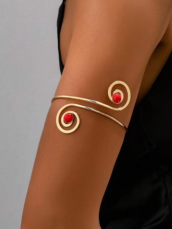 1pc Bohemian Style Metal Gold Spiral Inlaid White, Blue, Red Pendant Bracelet, Suitable For Women's Daily, Party, Vacation Outfits