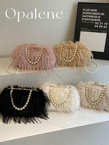 Fluffy Shoulder Bag For Women, New Tassel Turkey Feather Niche Crossbody Bag, Faux Pearl Chain All-Match Autumn And Winter Plush Bag, Women's Faux Fur Fuzzy Hobo Bag, Evening Faux Fur Handbags, Furry Fluffy Fuzzy Bags Purse, Crossbody Shoulder Strap, Evening Clutch Bag, Wedding Party Bag, Fashionable Cute Pearl Tassel High-End Furry Shell Design Tote Bag - Nhiều màu - Xem 7