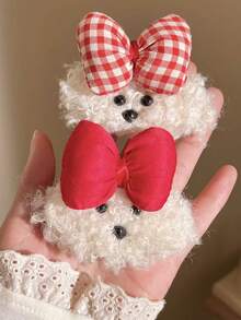 1 件泰迪熊发夹，可爱蝴蝶结毛绒卡通侧刘海夹 - 彩色 - 查看 4