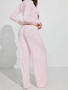 Women's Fall Pants Set Casual Solid Color Long Sleeve V Neck Slim Fit Tops With Wide Leg Pants 2 Pcs Outfits - Hồng - Xem 2