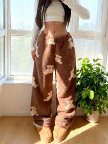 Quần ống rộng in hình gấu dễ thương lót nhiệt cho nữ, ấm áp, thoải mái cho mùa đông, mềm mại, ấm áp - Cà phê nâu - Xem 2