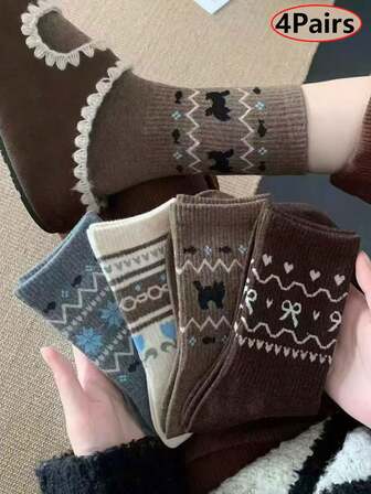 4 Pairs Autumn/Winter Warm Thick New Retro Pile Socks, Versatile Vintage Mid-Calf Socks