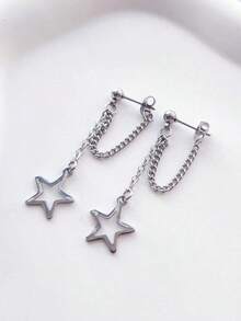 1pair Stainless Steel Hollow Out Star Pendant Front Back Hypoallergenic Pin Earrings - 銀色 - 查看 2