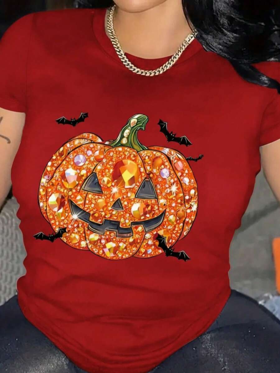 Camiseta playera gráfica dama mujer manga corta cuello redondo casual cómoda fresca ligera moderna juvenil corte regular estampado calabaza brillos imitación strass diamantes murciélagos - Rojo - Ver 1
