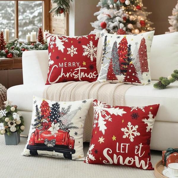 4 pezzi Federe per cuscino in morbido poliestere con stampe di auto rosse, alberi di Natale, fiori e fiocchi di neve, dimensioni 45x45cm (17,72x17,72 pollici), con chiusura lampo, lavabili in lavatrice, adatte per la decorazione della casa, soggiorno, camera da letto, veranda, giardino, esterno, decorazione natalizia invernale (solo federe, inserto non incluso)