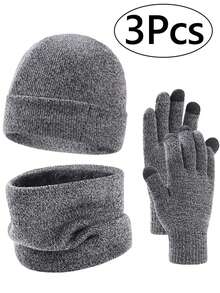冬季无檐小便帽 + 围脖 + 触摸屏手套套装，柔软针织帽弹力手套保暖无檐小便帽套装，适合女性和男性礼物冬季无檐小便帽，颈部保暖器寒冷天气装备男女通用，温暖的冬季弹力针织手套帽子 - A - 查看 11