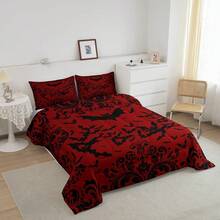 Erosebridal Halloween Bat Bedding Set, Red Black Gothic Comforter Set, Goth Damask Bats Bedding Comforter Sets, Halloween Animal Bed Set  - Soft Comfortable Microfiber, Festival Present - 紅色黑色 - 查看 3