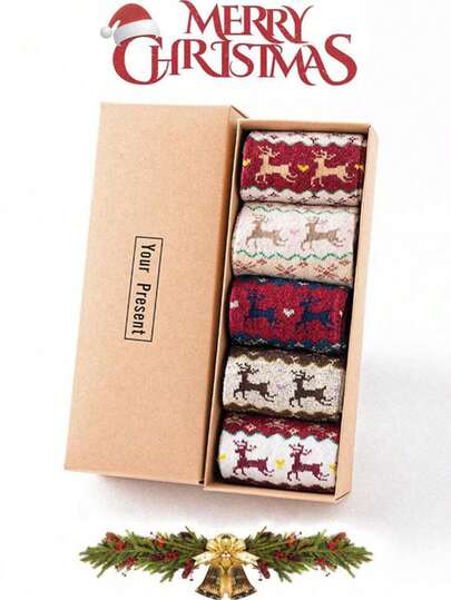 5 Pairs Of Women's Christmas Reindeer Thermal Lined Socks, Thickened And Thermal Lined Mid-Calf Socks For Cold Weather, Comfortable And Soft Wool Socks, Versatile Holiday Style-The Perfect Christmas Gift For Family. Shipped Randomly, No Gift Box Included.