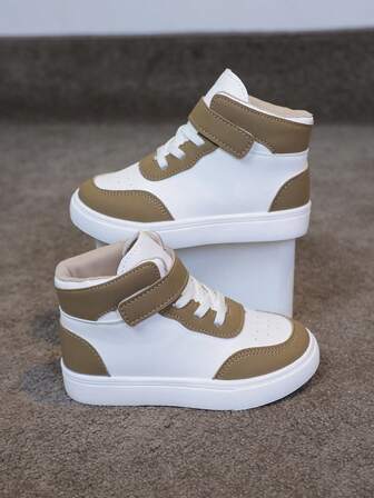 1 Pair Fashion New Baby High-Top Sports Shoes, Featuring Bicolor Design, Hook And Loop Closure, Comfortable Warm Lining, Non-Slip Rubber Sole, Suitable For Toddlers Participating In School Activities, Classic Basketball Shoe Design