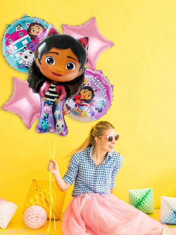 Gabby's Dollhouse Thème de la maison de poupée de Gabby - Ballon en film d'aluminium de haute qualité en forme de ballon + Nouveau film d'aluminium en forme d'étoile de couleur + Nouveau film d'aluminium en forme de cœur de couleur. Convient pour la décoration de fête d'anniversaire, la décoration de fête de festival, la décoration de ballons de fête d'anniversaire des enfants qui aiment Gabby, Halloween, Noël, Thanksgiving, Fête des enfants