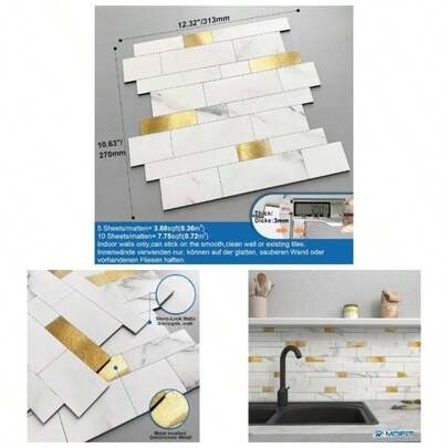 Backsplash Tile Kitchen Peel And Stick Stone Matte, Bathroom Tiles Stickers 3D Wall Panel Linear Marble Backsplash Waterproof10sheets, White Gold