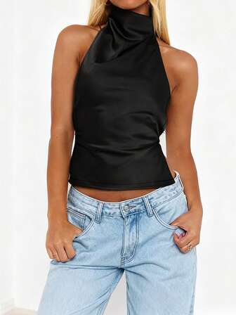 Blusa de satén con cuello halter y espalda descubierta para mujer WOWDARK, color negro, de moda y sexy, adecuada para el Día de San Valentín, citas, reuniones, fiestas, viajes, vacaciones, playa