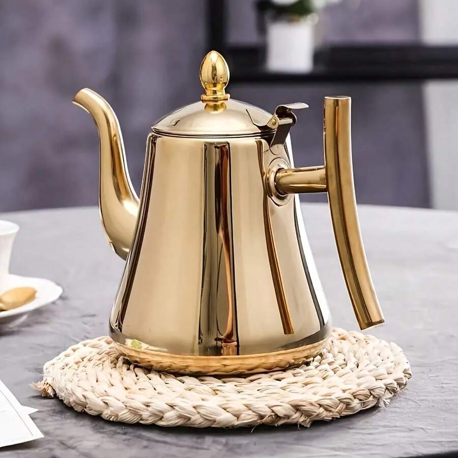 An Elegant Gold Stainless Steel Teapot And Coffee Maker Set With Removable Filter - 1L~1.5L Capacity, Heat-Resistant, Suitable For Home And Restaurant Use - A Complete Tea And Coffee Cooking Set, Teapot Kettle Set - Gold - View 1