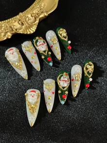 10 piezas de uñas postizas hechas a mano para Navidad, uñas postizas navideñas, uñas de forma cuadrada, con gemas brillantes y perlas, que incluyen adhesivo de gelatina y una lima de uñas