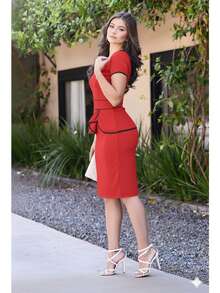 Red White Midi Dress With Bow And Bow, Wholesale Promotion - 紅色 - 查看 4