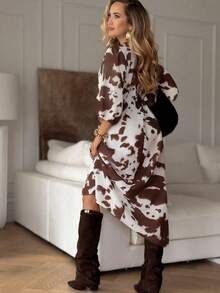 Plus Size Women's Clothing Bohemian Retro Printed Loose Lantern Sleeves, V-Neck,Cow Pattern Casual And Fashionable Bohemian Elegant Dress For Women - Multicolor - View 2