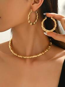 Set de 3 piezas de collar y aretes de bambú dorado minimalista y versátil, conjunto de joyas de estilo casual para uso diario y de fiesta para mujeres - Amarillo Oro - Ver 6