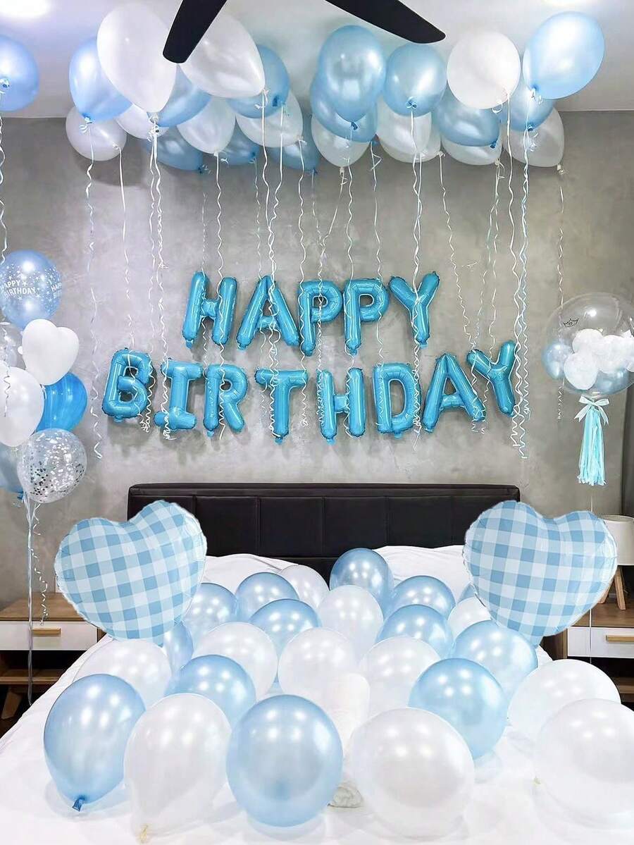 40件組 16英吋淺藍色 Happy Birthday 字母鋁箔氣球套組，含藍色與白色乳膠氣球及愛心鋁箔氣球，適用生日派對裝飾、派對場景佈置、生日派對、家庭派對背景裝飾、畢業典禮