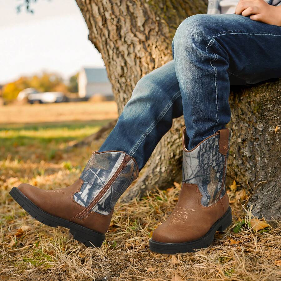Kids Western Cowboy Boots - Mid Calf Riding Boots With Side Zipper For Boys & Girls (Toddler/Little Kid/Big Kid) - 彩色 - 查看 1