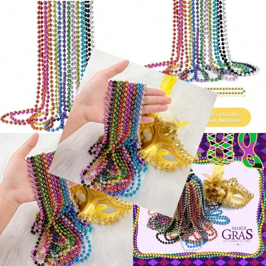 ZZYFGH 33'' 7mm Metallic Colors Bead Necklace Bulk Mardi Gras Round Beaded Necklaces For Party Favors Costume Necklace 12 Pcs - 12 màu - Xem 1