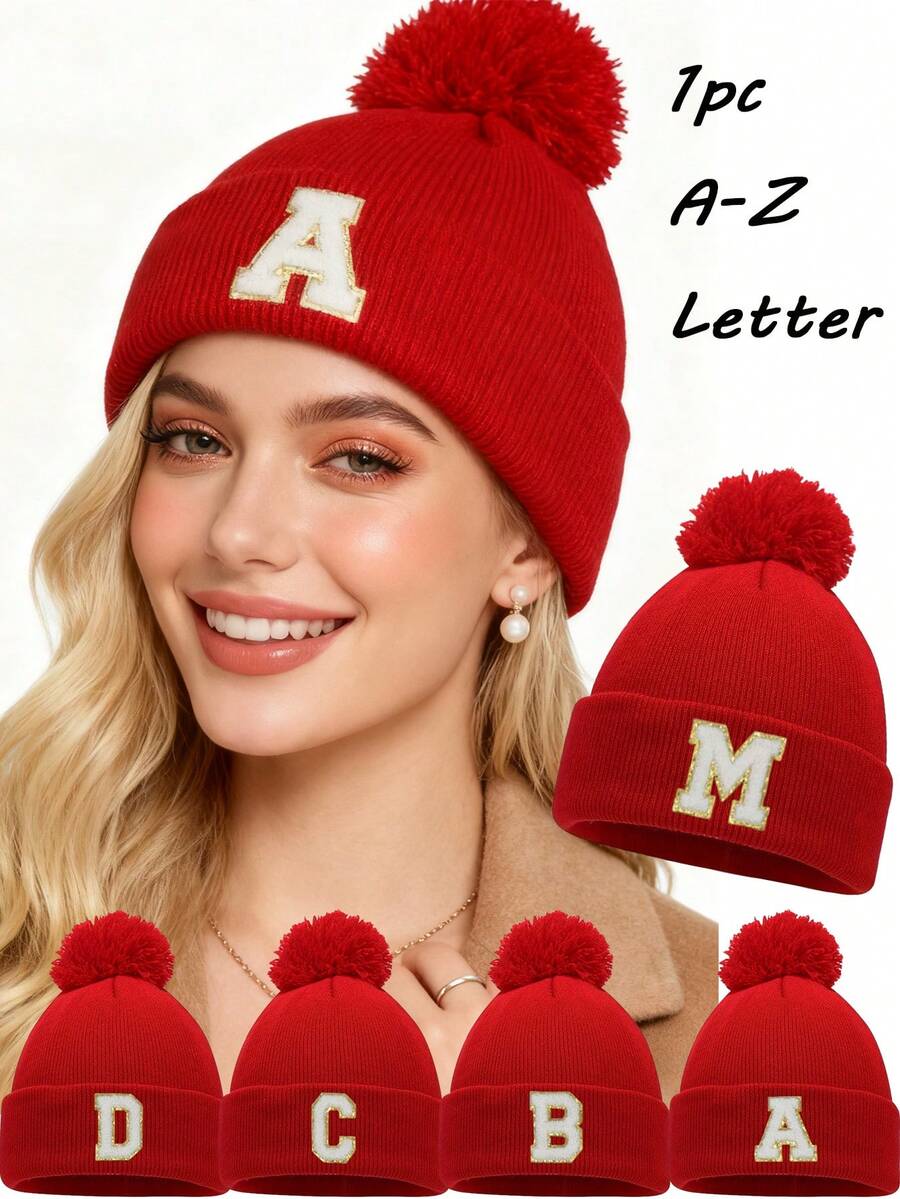 1pc Unisex A-Z Letter Knit Beanie Hat, Personalized Versatile Winter Cap, Suitable For Autumn/Winter Daily Wear And Christmas Gift - Red - View 1