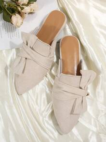 米色穆勒鞋，尖头女式露背乐福鞋，蝴蝶结装饰，优雅百搭的一脚蹬平底鞋 - 米色 - 查看 6