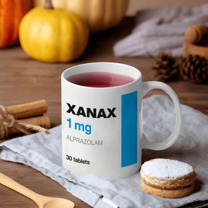 Caneca engraçada inspirada em frasco de comprimidos de Xanax - 'Xanax 1 mg alprazolam 30 comprimidos', caneca de café inovadora, presente engraçado para adultos, tema de conversa único, perfeito para alívio do estresse e uso diário