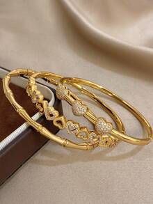 18K 镀金不锈钢或铜质奢华优雅心形和竹子手镯套装，适合女士，甜美珠宝妈妈礼物圣诞节感恩节万圣节婚礼狂欢/舞会/派对/日常配饰周年纪念情人节波西米亚珠宝生日伴娘礼物 - 彩色 - 查看 2