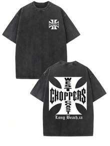 WEST COAST CHOPPERS Retro Streetwear T-Shirt - 230g Washed Cotton, Double-Sided Print, Loose-Fitting Drop-Shoulder Short-Sleeved T-Shirt With A California Long Beach Graphic. Perfect For Casual Summer Wear And As A Gift. High-Quality Fabric, Versatile Printed T-Shirt. - màu đen - Xem 7