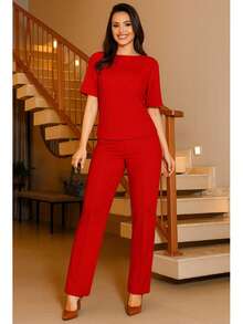 WOMEN'S CREPE LARISA SET TRADITIONAL PANTS AND BLOUSE FRESH KNIT GREAT FIT - Red - View 5